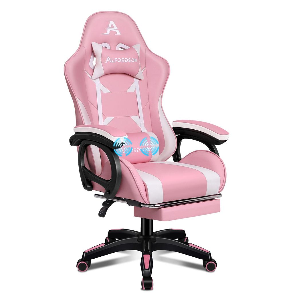 ALFORDSON Gaming Stuhl, Gaming Sessel mit Massage-Lendenwirbelstütze, Ergonomischer Gamer Stuhl mit Kopfstütze, höhenverstellbar, Kunstleder, Rosa