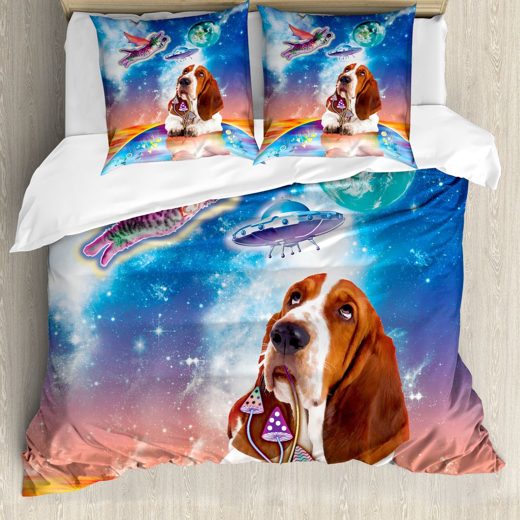 ABAKUHAUS Raum-Katze Bettbezug, Cosmic Tiere UFO, Milbensicher Allergiker geeignet mit Kissenbezügen, 200 cm x 200 cm - 80 x 80 cm, Mehrfarbig