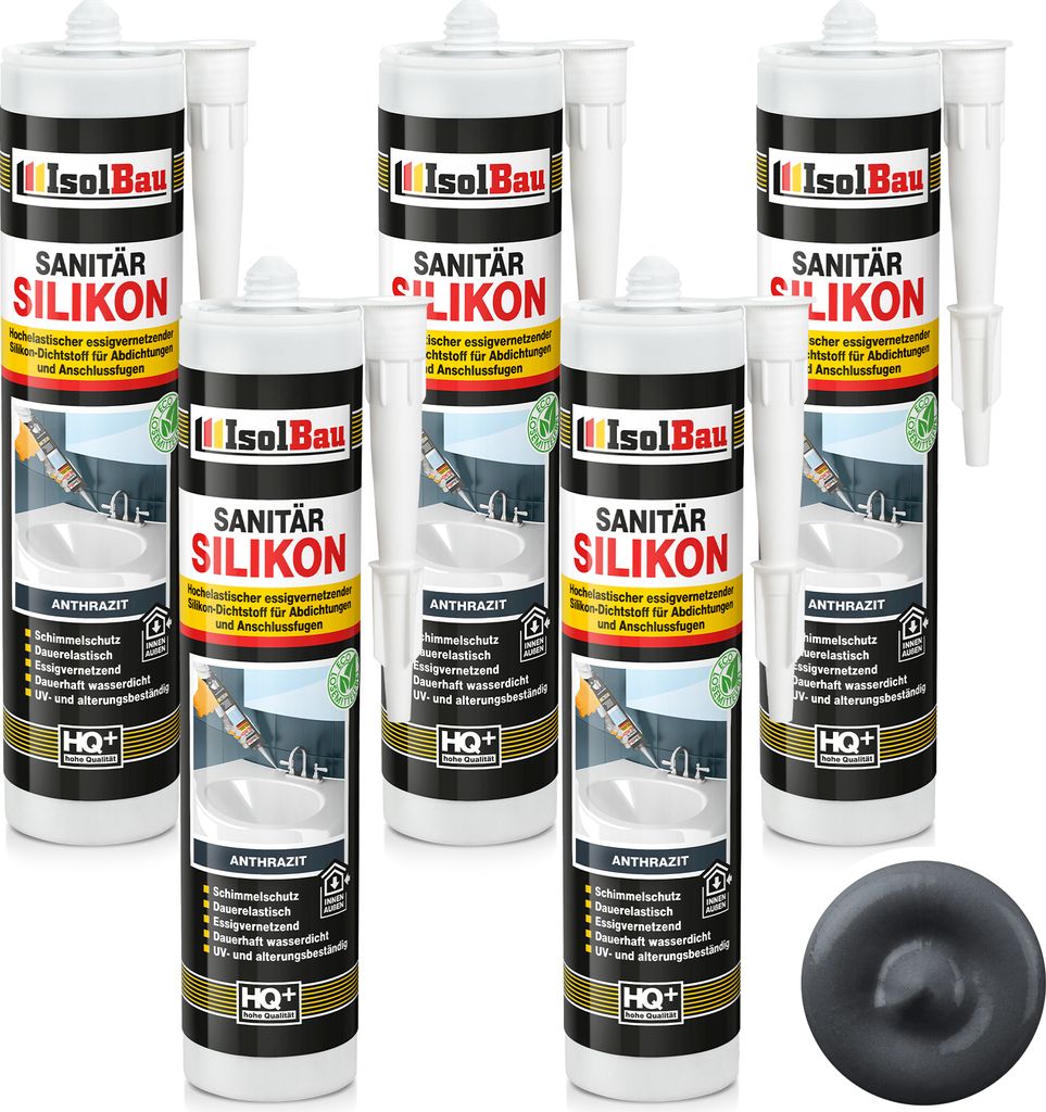 Isolbau Sanitär Silikon 5 x 300 ml Anthrazit - Hochelastischer Silikon-Dichtstoff für Abdichtungen & Fugen – Schimmelresistent, wasserdicht - K...