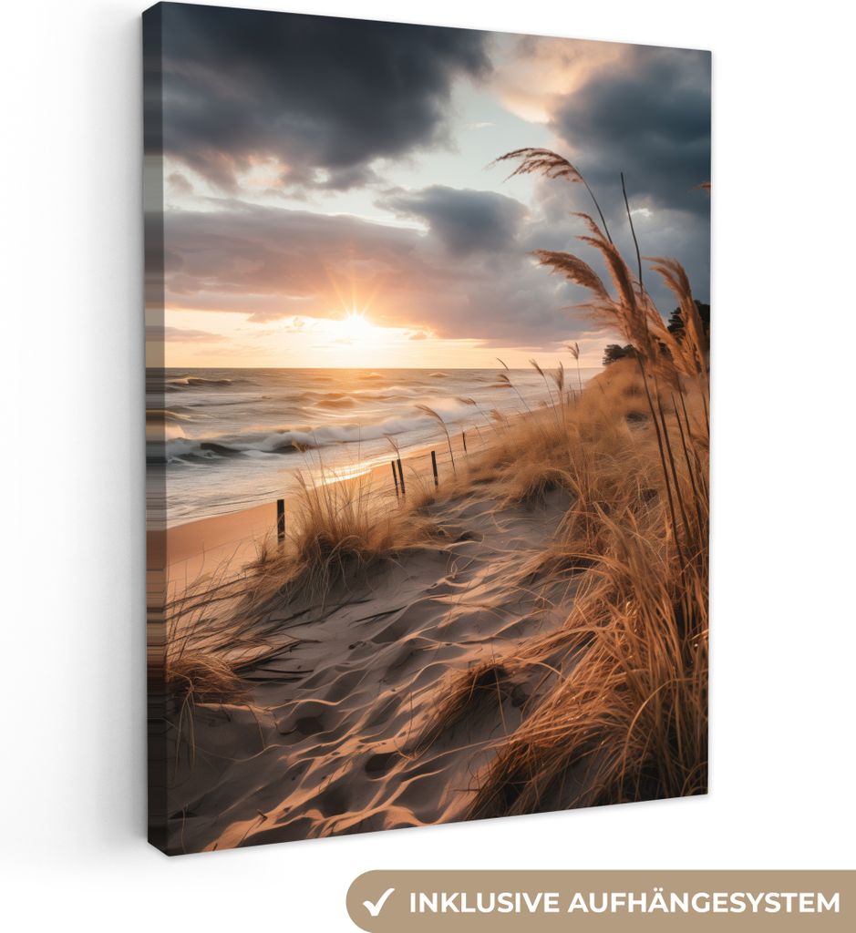 MuchoWow - Leinwandbilder - Strand - Dünen - Meer - Sand - Hochgras, Wandbild, Wanddeko Bilder Wohnzimmer, 30x40 cm