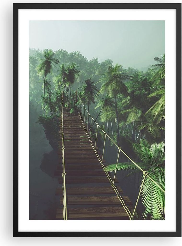 Gerahmtes Poster - Schwarzer Rahmen - Dschungel Palme Brücke - 50x70 cm - Wand Bild - Wanddeko - Wandbilder - Kunstposter - Wandposter - Bilderrah...