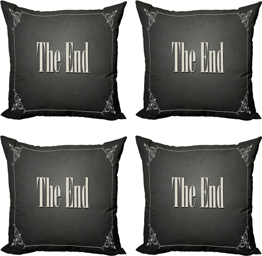 ABAKUHAUS Kino Kissenbezug Set (4 Stück), Ende Wörter, Moderner Doppelseitiger Digitaldruck, 40 cm x 40 cm, Koksgraue Creme