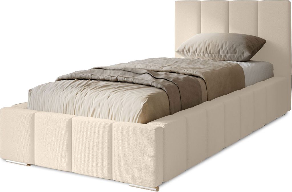 Polsterbett Menos 90x200 cm, Bett mit Kopfteil, Matratze, Bettkasten und Lattenrost aus Holz, Velourstoff: Beige
