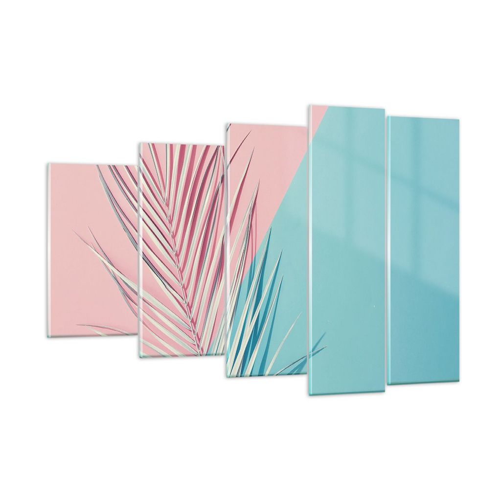 Bilder auf glas - 5 Teile - Blatt Rosa Türkis - 150x100cm - Glasbilder - Wandbilder - Bilder - zum Aufhängen bereit - Wanddekoration aus Glas - G...