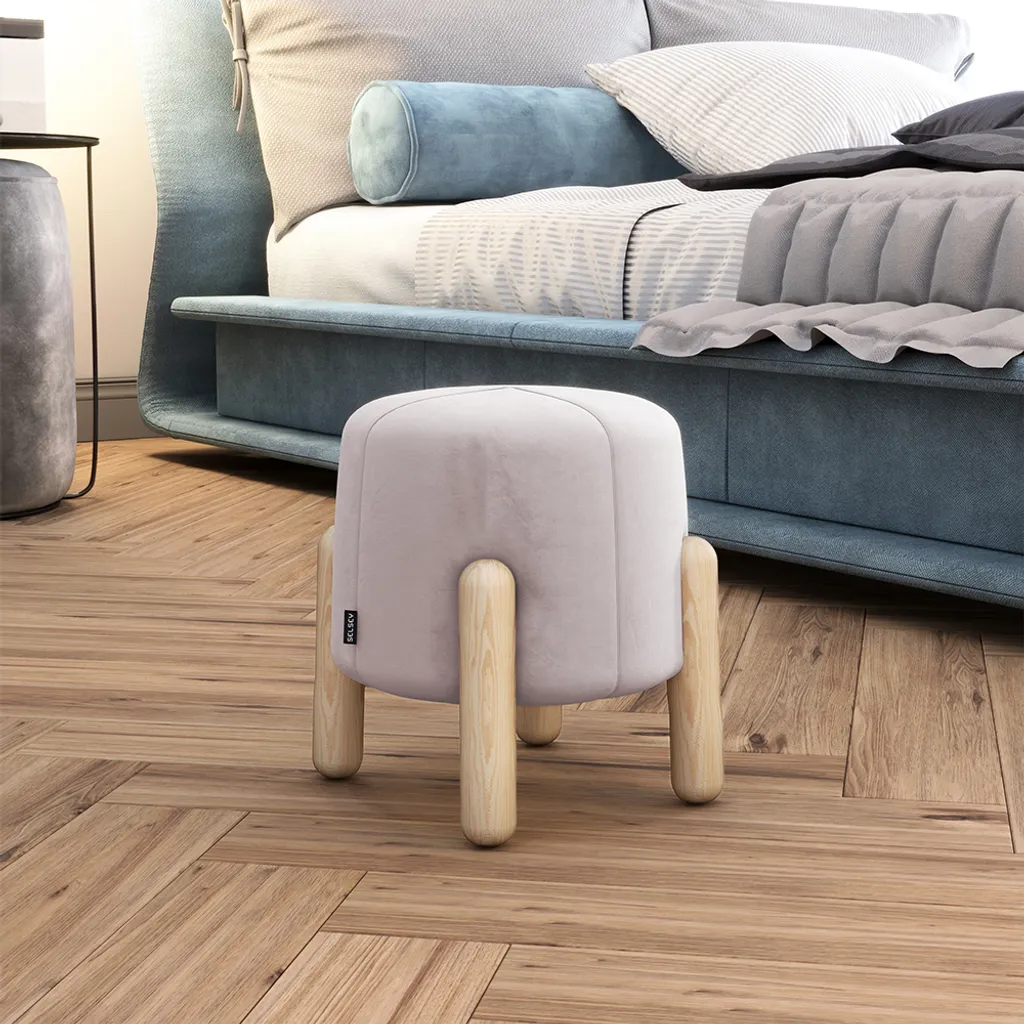 Selsey LEVINE - Sgabello / pouf rosa con piedi in legno, morbido imbottito, rotondo, 30x30 cm