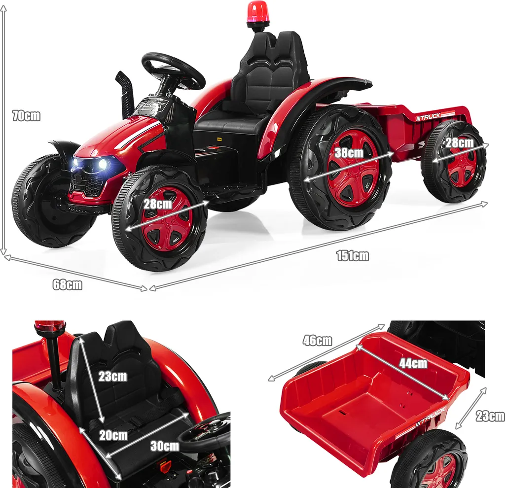 COSTWAY Tracteur Électrique 12V avec Remorque et Télécommande - Rouge