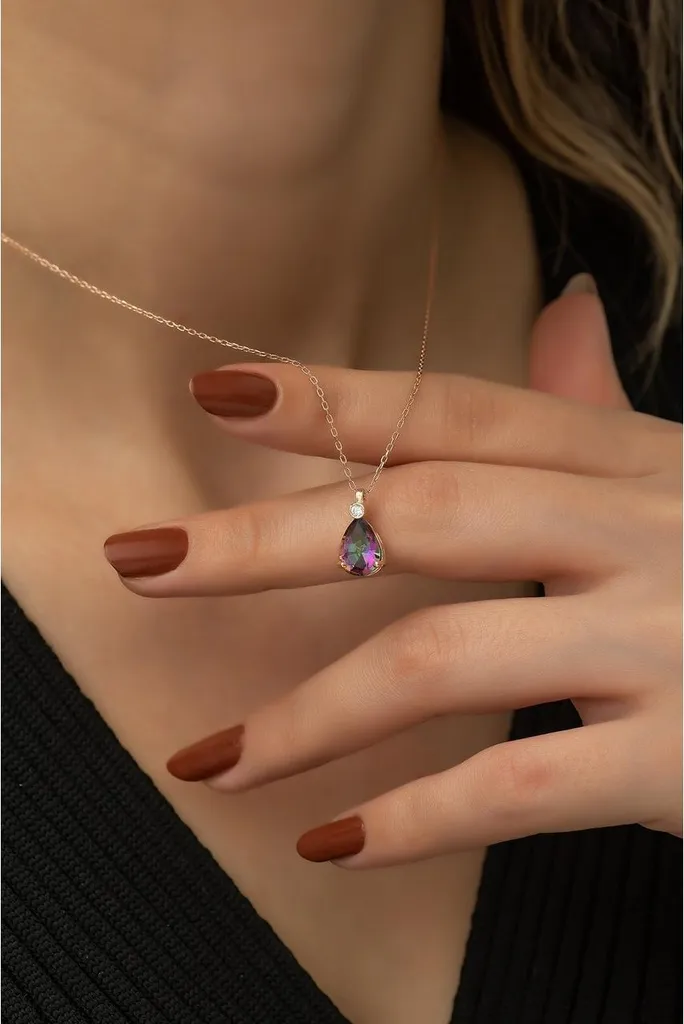 Collier topaze mystique goutte et argent massif fini à l'or rose précieux