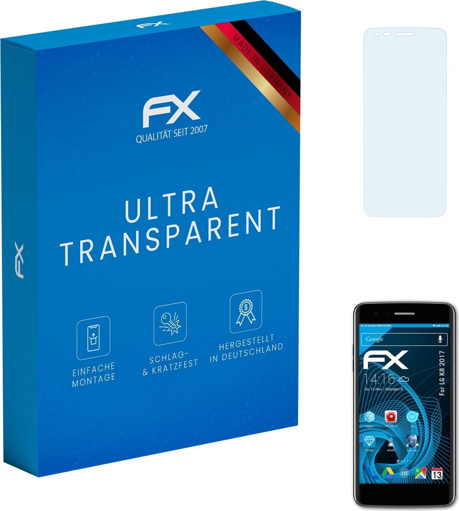 atFoliX FX-Clear 3x Schutzfolie kompatibel mit LG K8 (2017) Displayschutzfolie