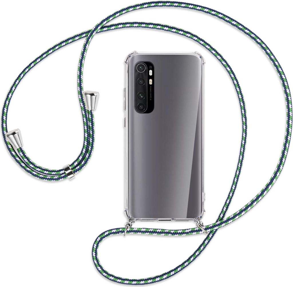 Handykette Backcover-Schutzhülle mit Band (Metall silberfarben) für Xiaomi Mi Note 10 Lite - grün/blau/weiß