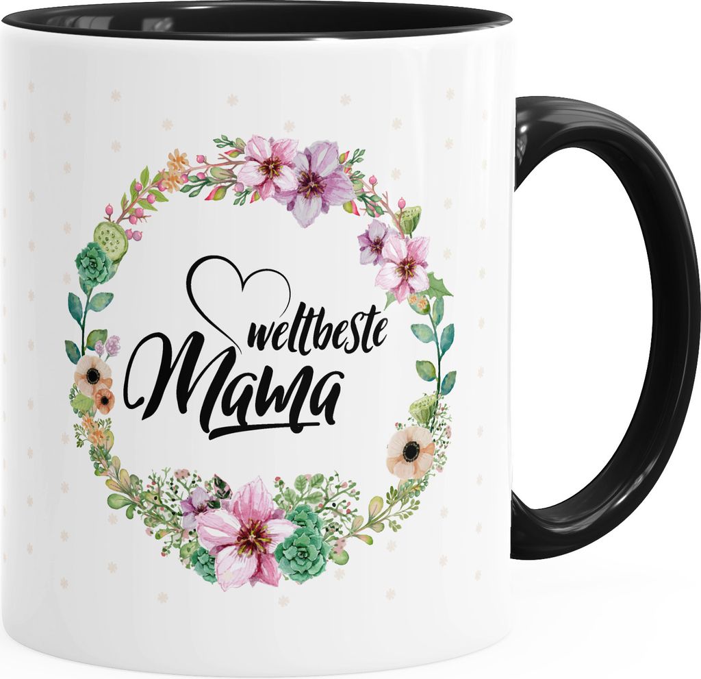 Geschenk-Tasse Weltbeste Mama Geschenk Mutter Muttertag Tasse Blumen Innenfarbe MoonWorks schwarz unisize