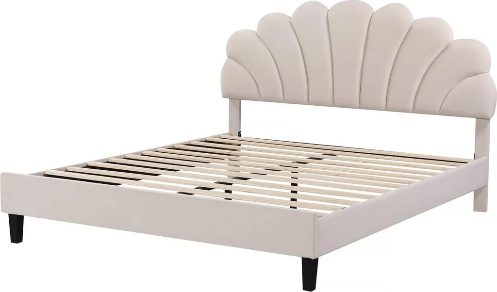 Lit Manon Beige en Velours 160x200 - Tête de Lit Coquillage Fait Main