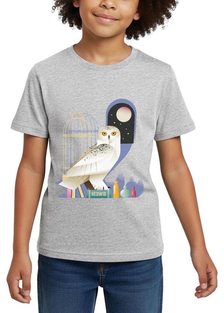 Spreadshirt Harry Potter Eule Hedwig Bei Nacht Kinder T-Shirt, 110/116 (5-6 Jahre), Grau meliert
