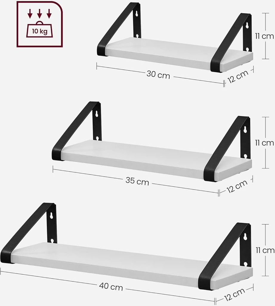 VASAGLE Wandregal 3er-Set, Schwebendes Regal, Wandmontage, Regal für Display, Industriedesign, für Wohnzimmer, Bad, Küche, Weiß-Schwarz