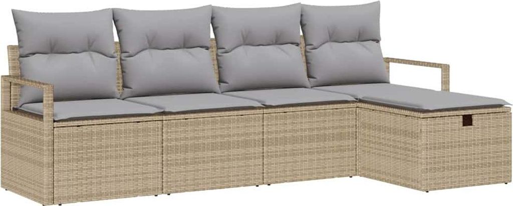 vidaXL Garten-Sofa-Set mit Kissen mit Speicher 5 pcs Beige Poly Rattan