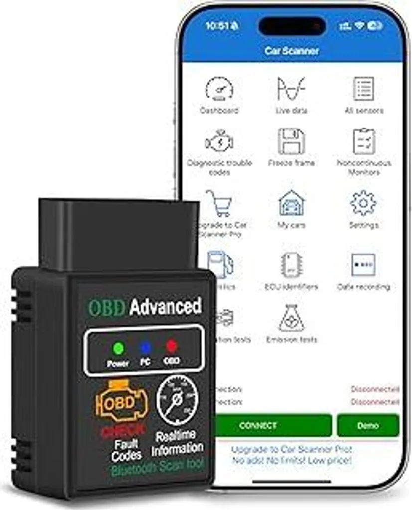 Dispositivo diagnostico OBD2 Bluetooth con oltre 10 lingue, dispositivo diagnostico per auto con protocolli multipli, adattatore Bluetooth ELM327 OBDII, scanner per auto, scansione completa del sistema per iOS, Android e Windows - 1