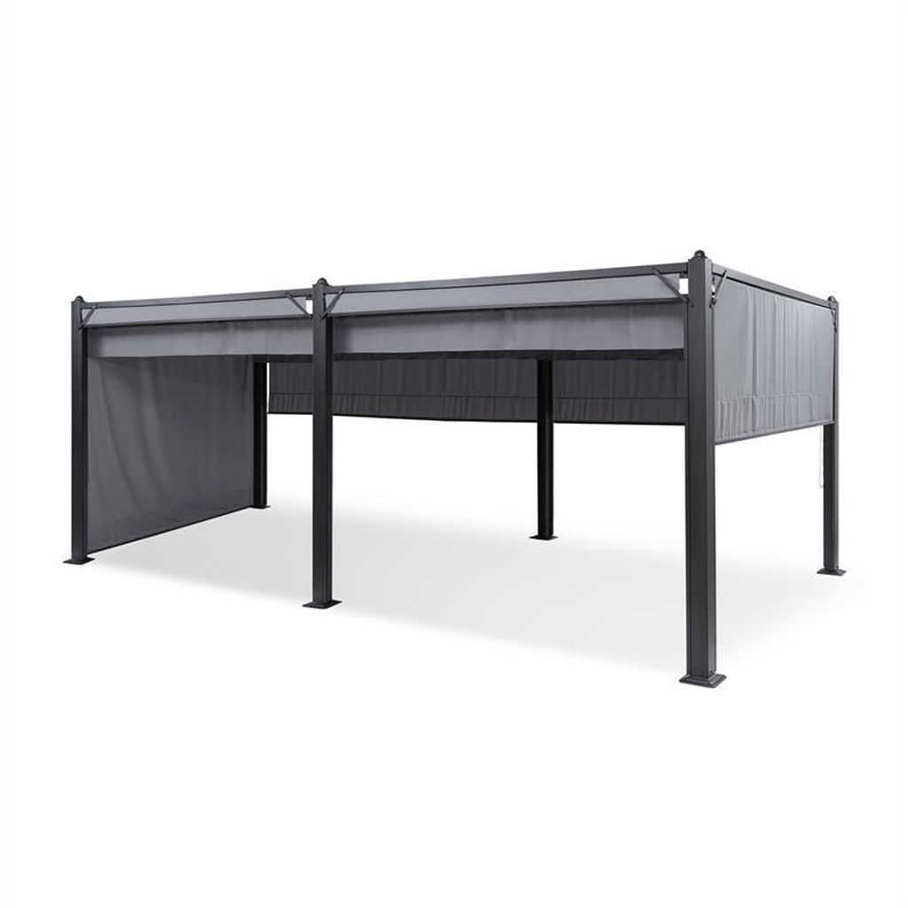 A gray and black outdoor pavilion with a retractable roof and side curtains, shown from a low angle against a white background.