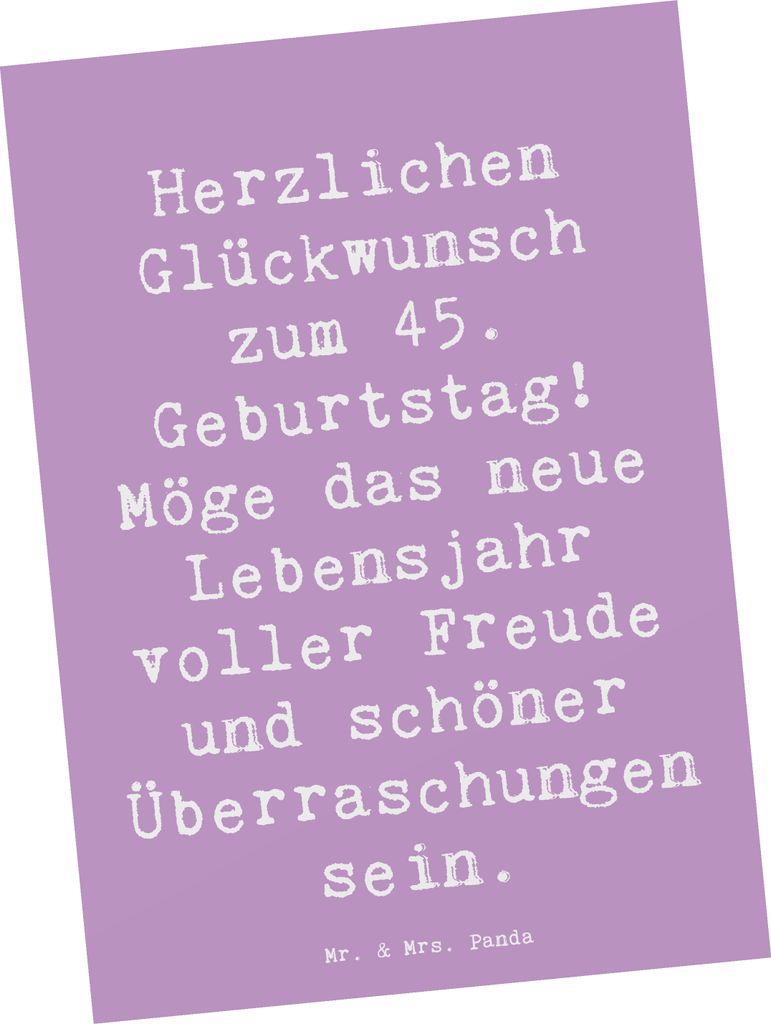 Mr. & Mrs. Panda Postkarte Spruch 45. Geburtstag Freude - Lavendeltraum - Geschenk, Gratulation, Happy Birthday, Lachen, besondere Anlässe, Grußk...