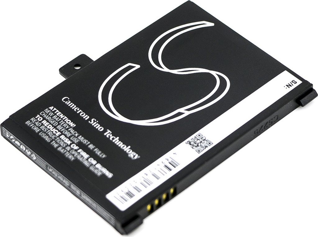 A black battery pack with white text and a white logo, placed on a white background.