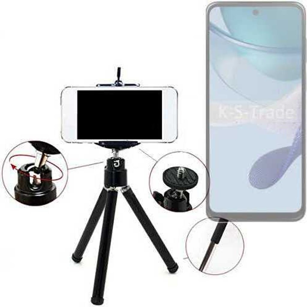 K-S-Trade Smartphone Stativ Dreibein kompatibel mit Motorola Moto G53j 5G Tripod aus Aluminium Klemmstativ Stativ Adapter für Mobiltelefone schwarz