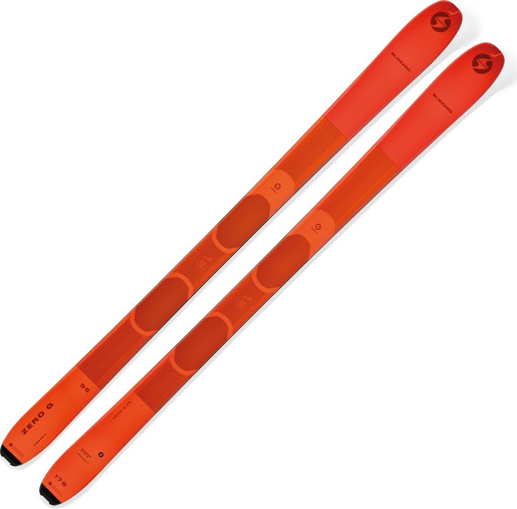 A pair of orange skis on a white background.