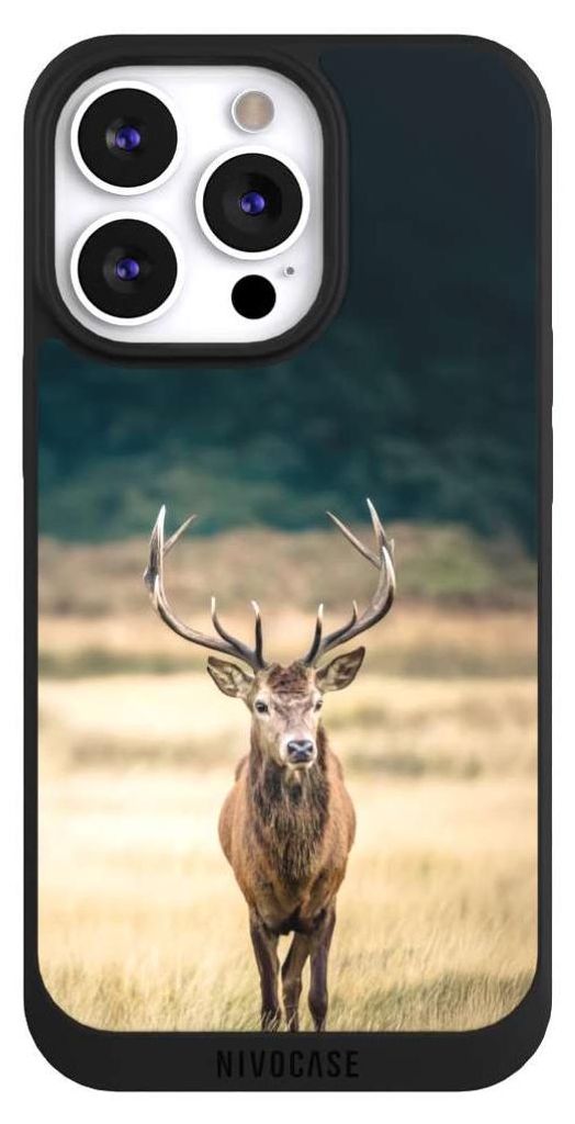 NIVOCASE Handyhülle für Apple iPhone 13 Pro Hülle NIVOpure Case Schwarz Hirsch Wald Wiese