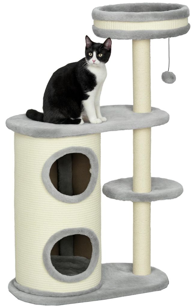 Kratzbaum für Katzen, mehrstufig, mit Sisal-Kratzpfosten, Plüsch-Höhle, Liegeplattform & Ballspielzeug, Grau, 59 x 35 x 100 cm