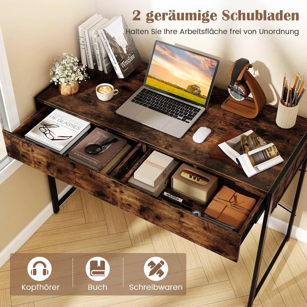 Bureau d'ordinateur compact, 2 tiroirs de rangement, aspect chêne rustique - 3