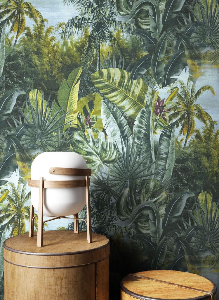 NEWROOM Tapete Grün Vliestapete Dschungel - Dschungeltapete Tropisch Blau Palmen Wald Wildnis Floral