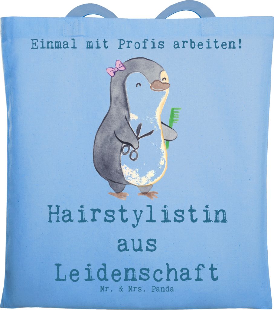 Mr. & Mrs. Panda Tote Bag Hairstylistin Leidenschaft - Sky Blue - Geschenk, Shopping Tasche, Friseursalon, Lustig, Schultasche, Uni, Stoffbeutel, B...
