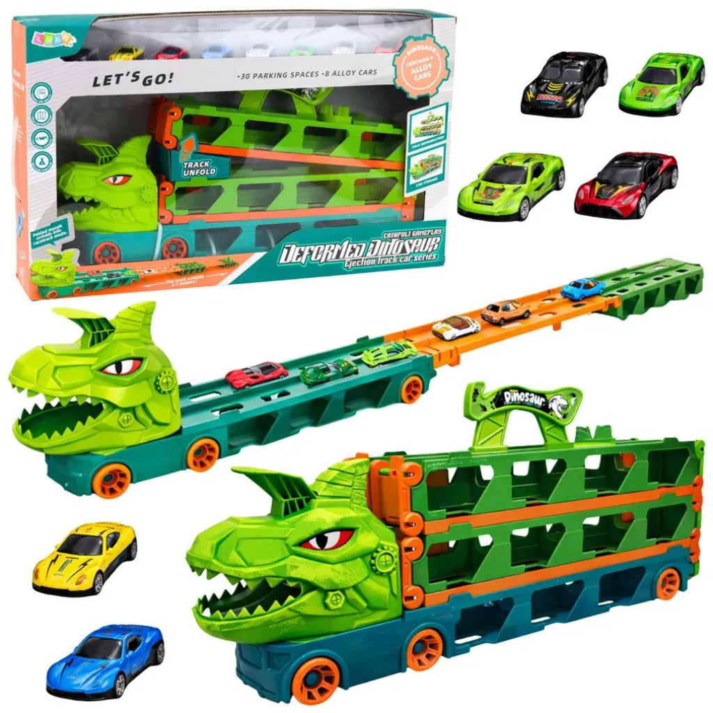Camion dinosaure 4 en 1 avec lanceur mécanique et rails de course