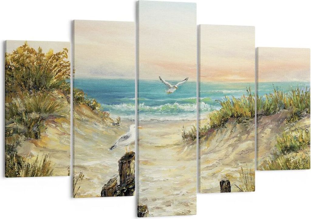Bild auf Leinwand - Leinwandbild - 5 Teile - Impressionismus Möwen Küste - 150x100cm - Wand Bild - Wanddeko - Wandbilder - Leinwanddruck - Bilder...