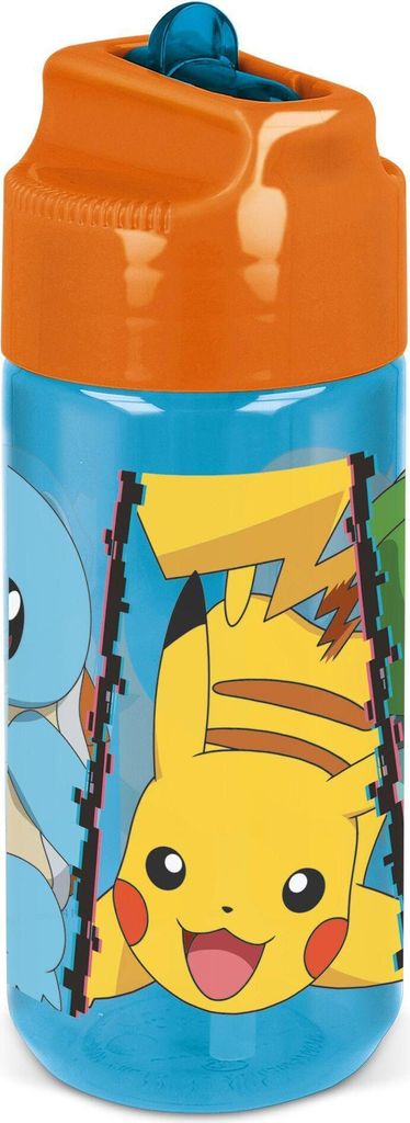 P:os 34251 - Pokémon Trinkflasche für Kinder, Wasserflasche mit integriertem Strohhalm, ca. 430 ml Fassungsvermögen, auslaufsicher, für Schule,...