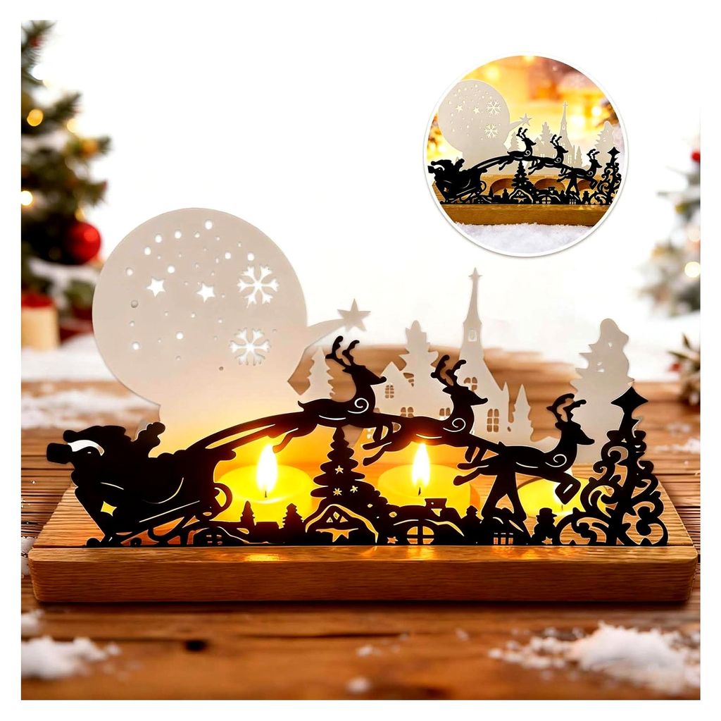 Adventskranz Deko Windlicht aus Metall mit Strass und Mondstern, stabiler Holzfuß 28 x 12,5 x 8 cm, festliches Dekorationselement