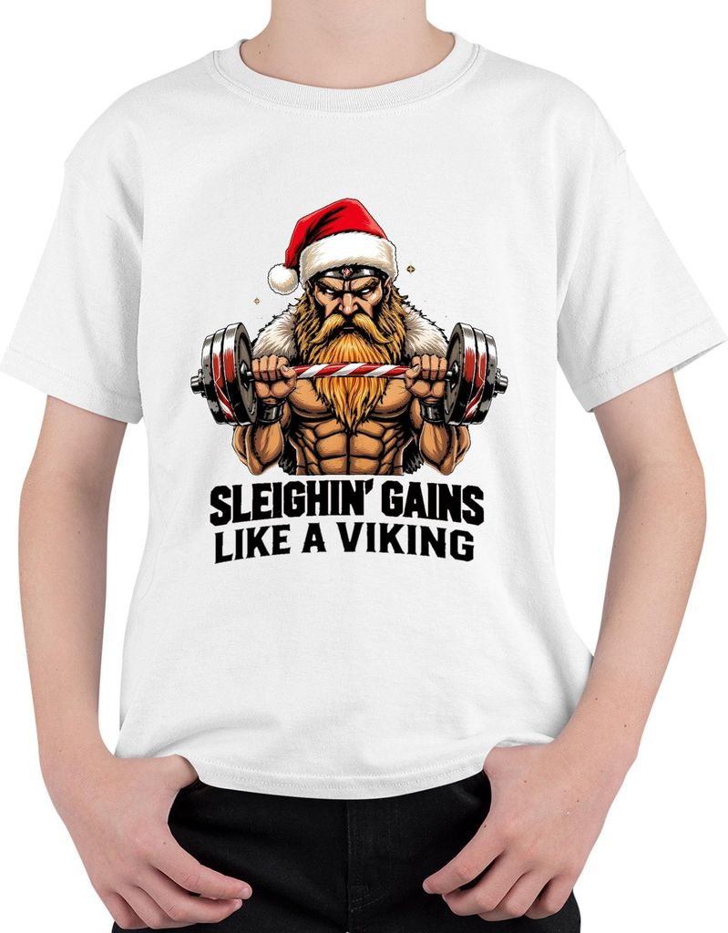 Sleighin' Gains Like A Viking Wikinger Weihnachtsmann Gym Fitness Uni Kinder T-Shirt, Weiß, 140