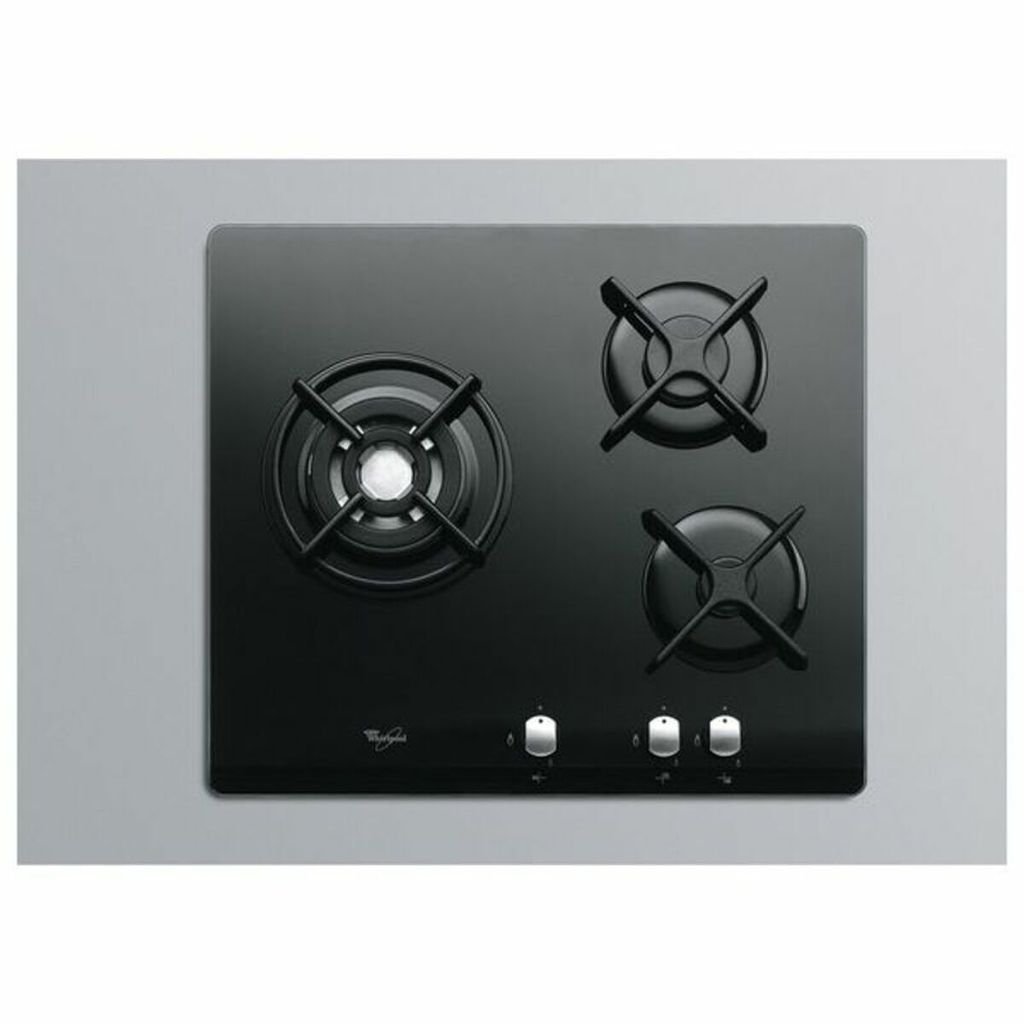A black gas stovetop with three burners and control knobs, set against a light gray background.