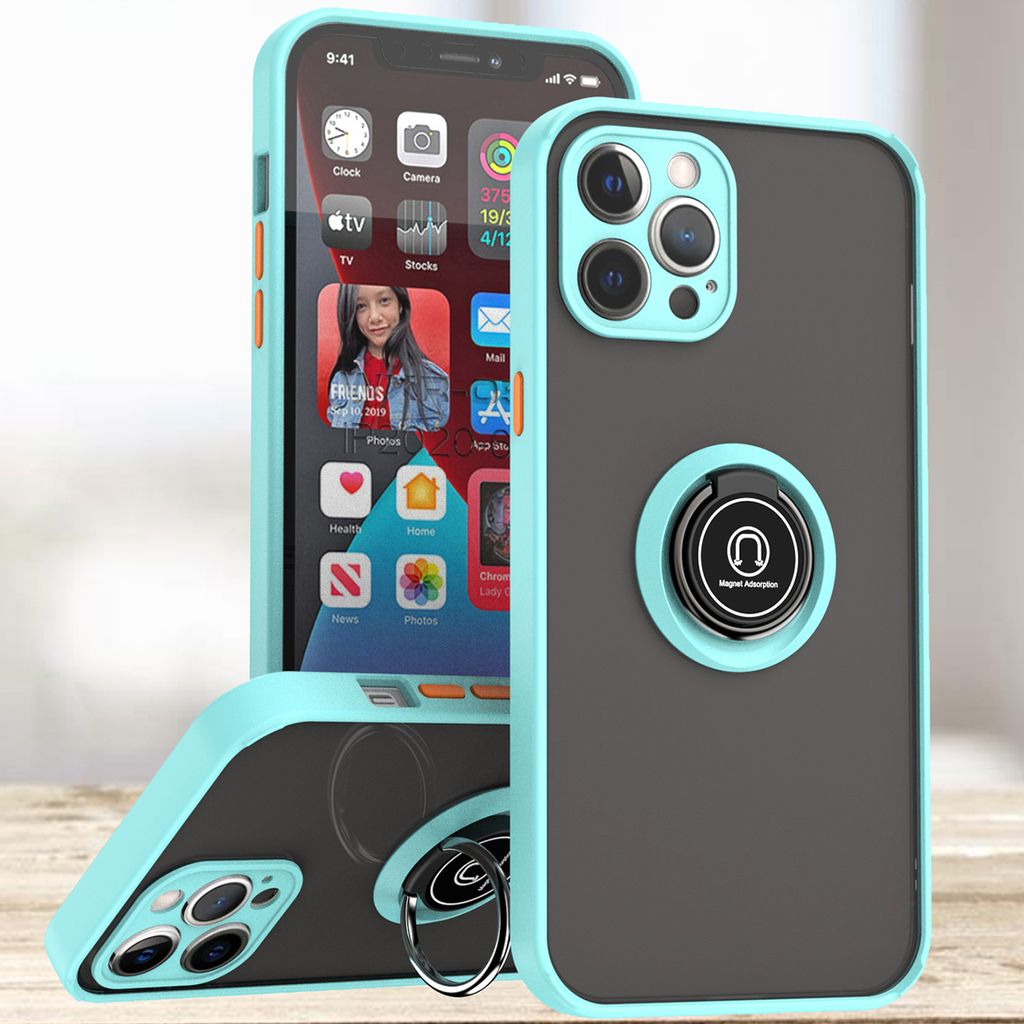iPhone 12 Pro Hülle, Ring Halter Ständer Matte Transluzent TPU Rahmen Stoßfest Schutzhülle für iPhone 12 Pro Hellblau