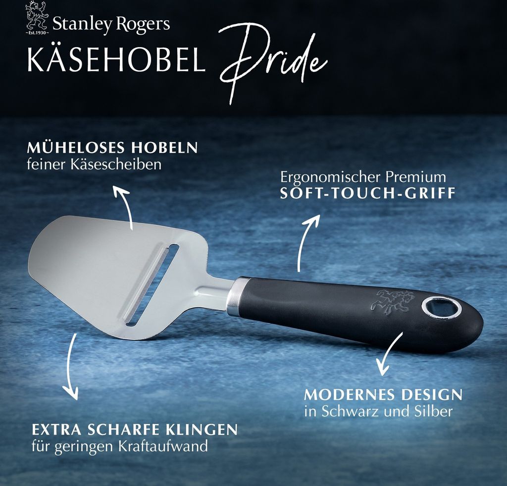 Stanley Rogers Käsehobel 21,5 cm, Küchenhelfer mit ergonomischen Premium-Softtouch-Griff, Käsehobel mit Funktionsteil aus Edelstahl (Farbe: Silb...