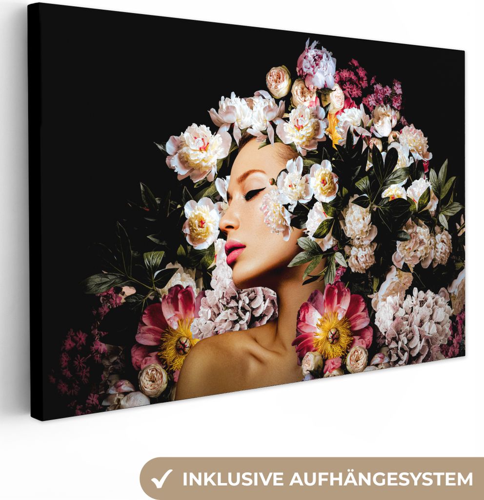 MuchoWow - Leinwandbilder - Frauen - Blumen - Rosen - Porträt, Wandbild, Wanddeko Bilder Wohnzimmer, 30x20 cm