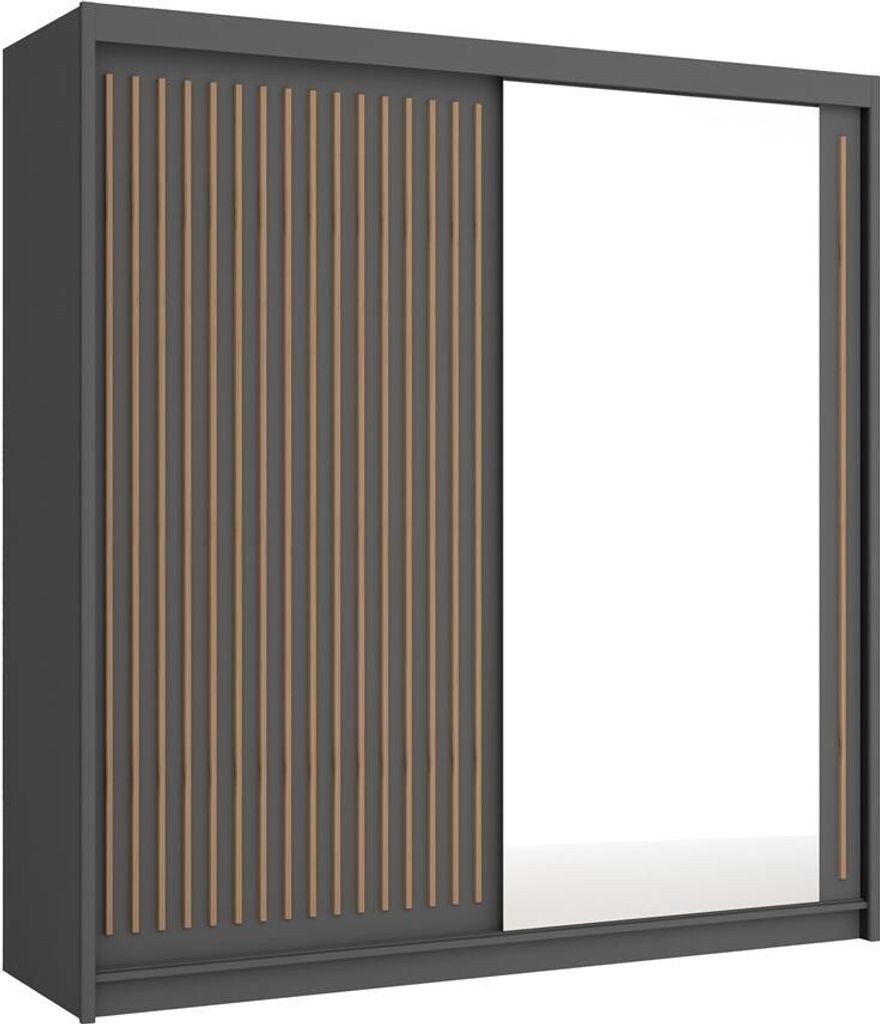 BETTSO Schwebetürenschrank 203 cm mit Spiegel Gerillte Fronten Kleiderschrank mit Kleiderstange Schlafzimmer Schiebetüren LAY 203 Grau Wotan Lamelen