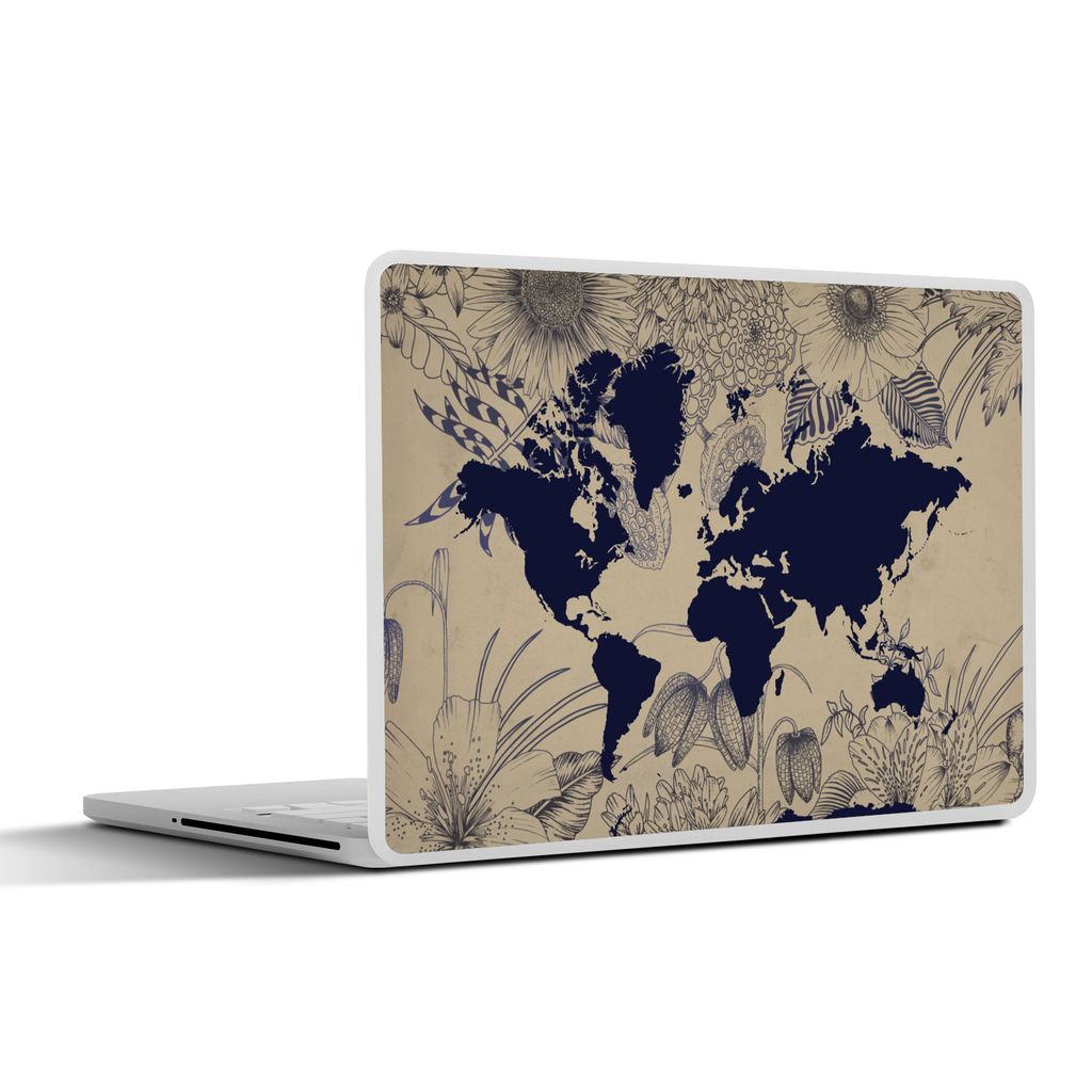 MuchoWow Laptop Aufkleber Sticker Cover Weltkarte - Blumen - Blau 36.5x27.5 cm - Laptop-Sticker