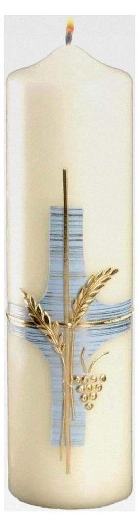 Marienkerze Kreuz blau/Ähren Elfenbein 220 x Ø 60 mm