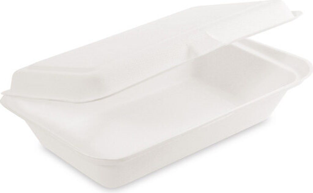 A white, open disposable food container with a lid slightly ajar, shown from a diagonal angle against a white background.