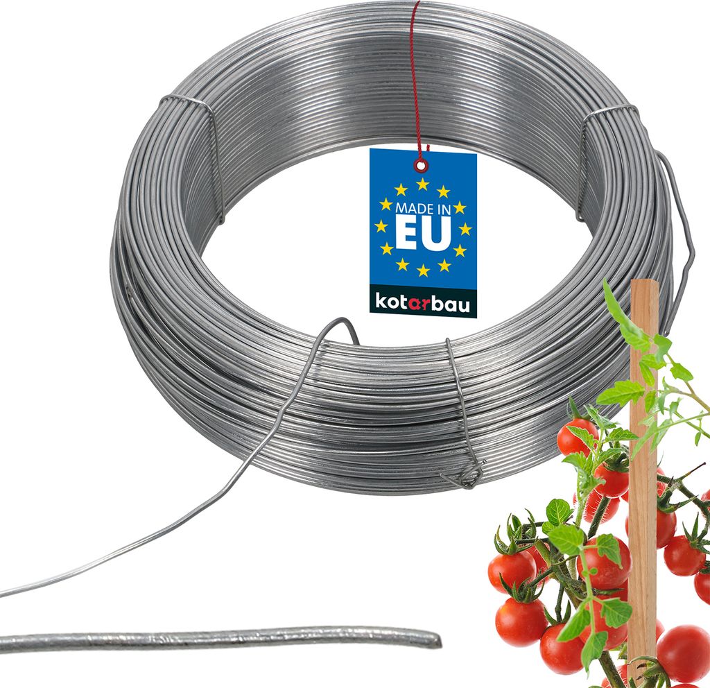 A coil of galvanized wire is shown next to a tomato plant being supported by a wooden stake.