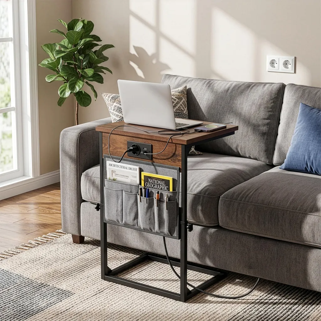 Table d'appoint Relaxdays avec station de recharge USB et prise secteur
