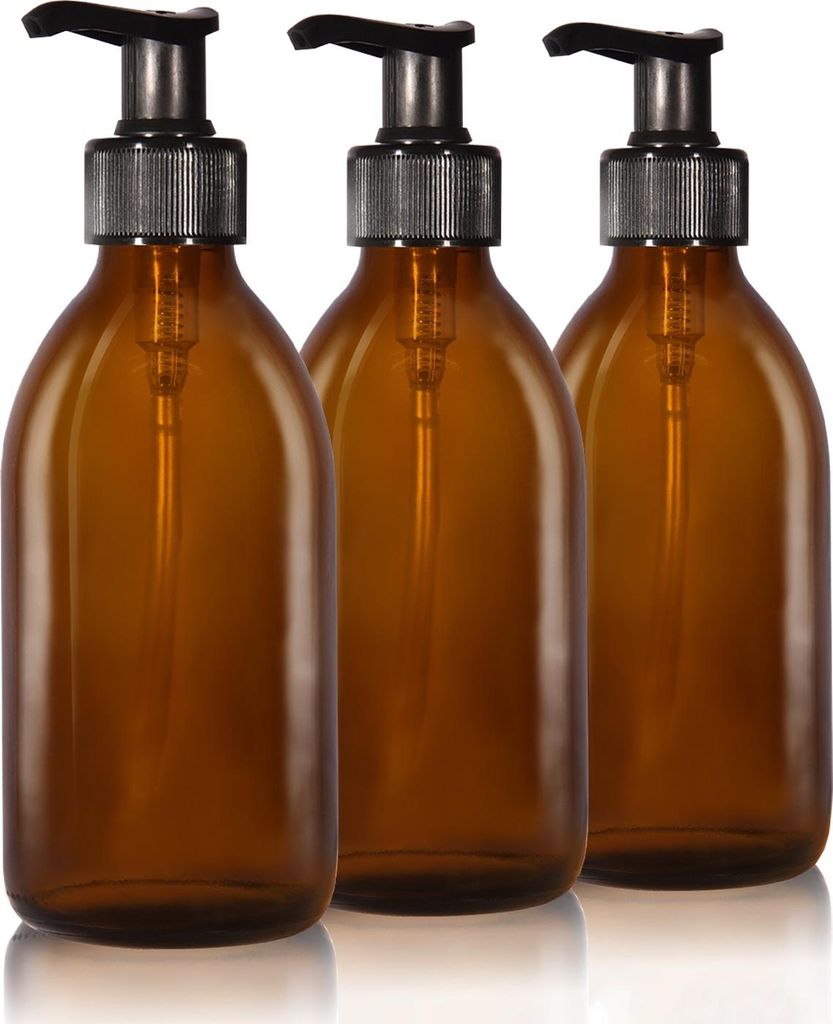 Oputec 3 x 250 ml Seifenspender aus Glas – Shampoo-Flaschen zum Befüllen Duschgel-Spender Pumpspender aus Braunglas – Küche und Badezimmer