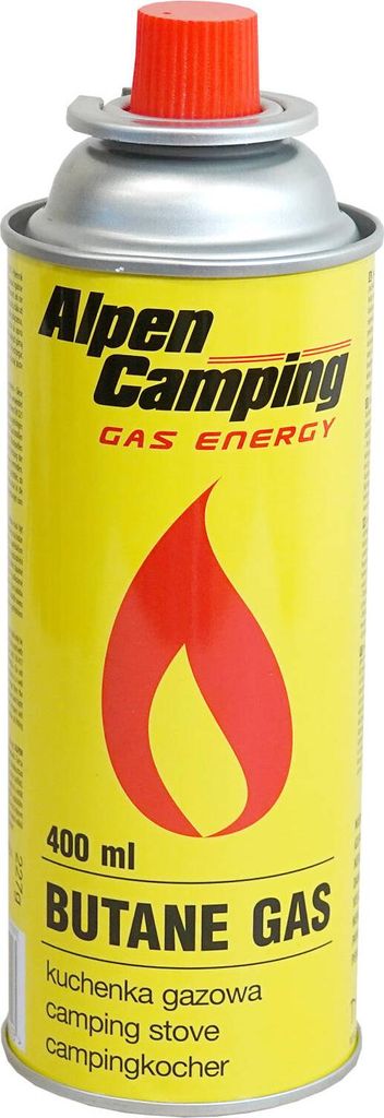A yellow gas canister with red and black text and a red flame graphic.