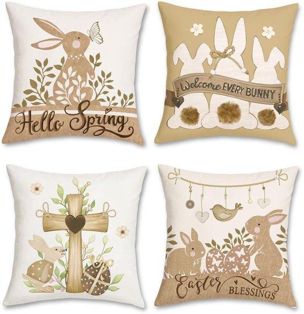 Unyqoos Set mit 4 dekorativen Kissenbezügen im Frühlingsdesign mit Hasenmotiv, 45 x 45 cm