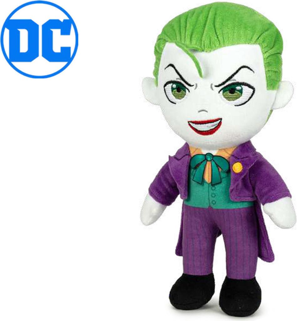 A plush toy of the DC Comics character Joker is shown against a white background, with the DC Comics logo in the upper left corner.