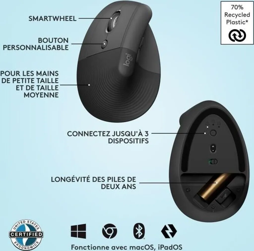 Logitech Lift Vertical Ergonomic Mouse - Souris verticale sans fil Graphite - 33