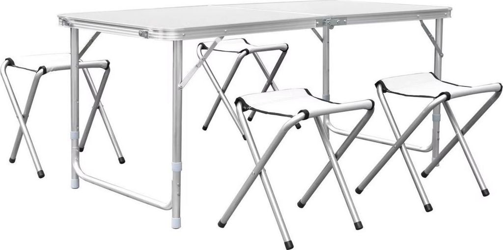 Klapptisch 5-teilig – Faltbare Campingtafel – Inklappbare Picknicktisch-Set mit 4 Klapphockern – Aluminium – 120cm – Weiß – Für Campi...